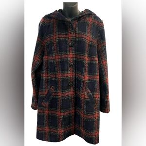 [Michael Taylor] Oversided Navy Plaid Wool Knee Length Button Down Coat Hoodie M